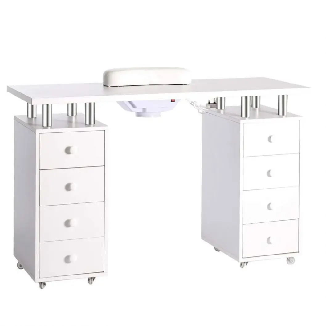 Pink Manicure Table With Drawers, Storage Shelves Beauty Nail Desk With Glass