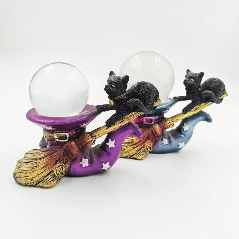 Crystal Ball Base Resin Cat Decoration Creative Magic Broom Magic Hat Cat Sculpture Tabletop Decoration