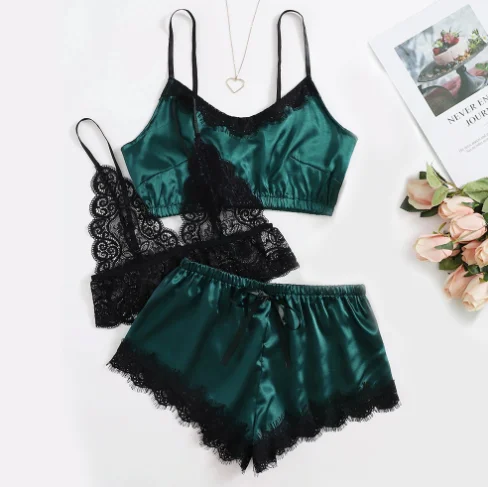 3 Piece Piyama China Nuit Lace Women Sexy Nighty Pajama Ladies Lingerie Sleepwear Silk Pajama Shorts Set