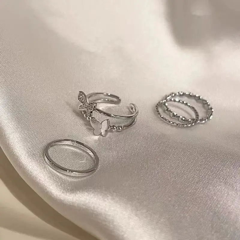 Female Ins Personality Crystal Diamond Butterfly Four-piece Set Rings Index Finger Ring Women