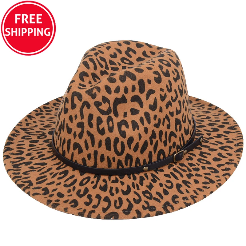 Женская фетровая шляпа с поясом, шляпа Федора из шерсти с леопардовым принтом, 2022