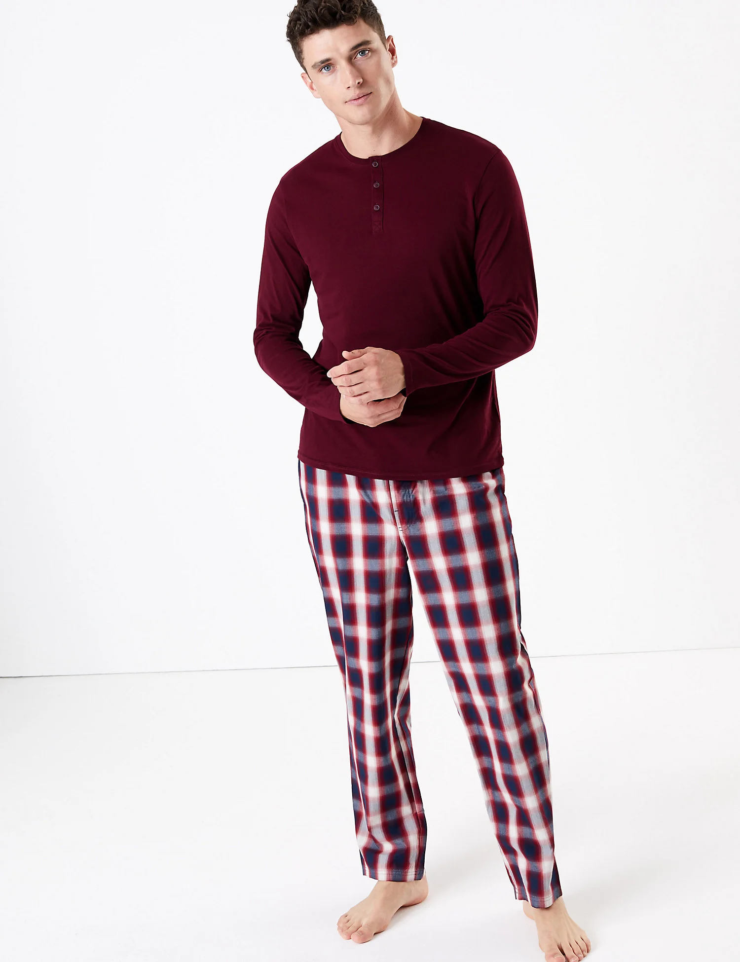 
MGOO OEM Pure Cotton Brown Long Sleeve Match Plaid Pants Men Pyjama with Button Pockets 