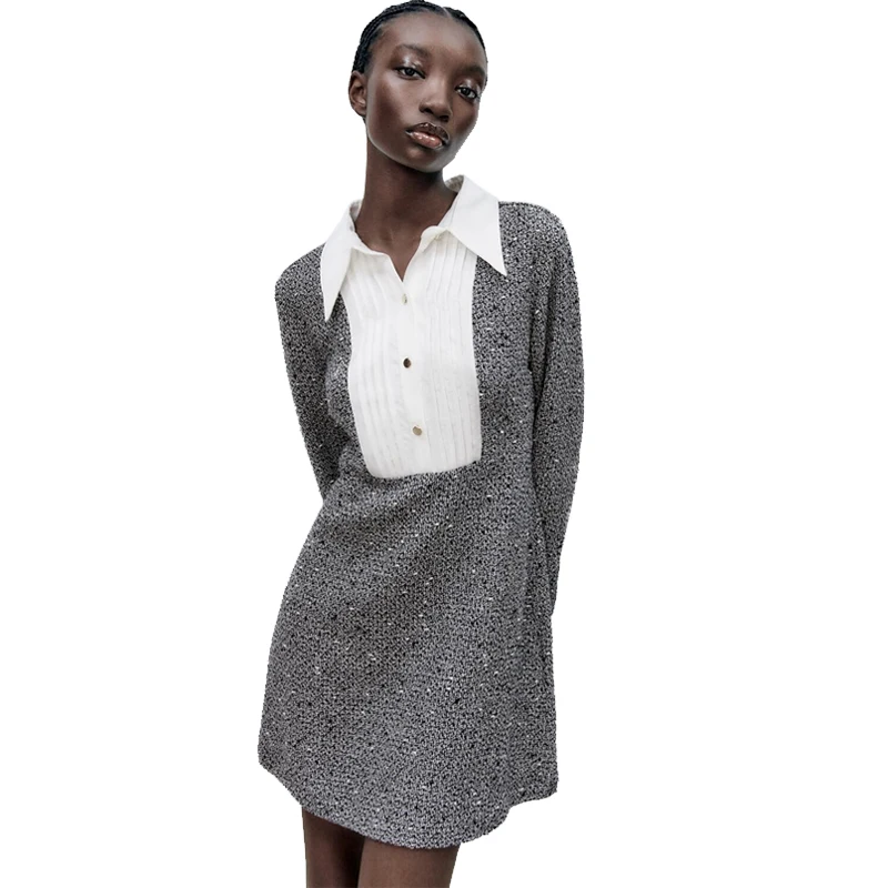 English style texture patchwork silk satin texture dress temperament long sleeved shirt collar dress