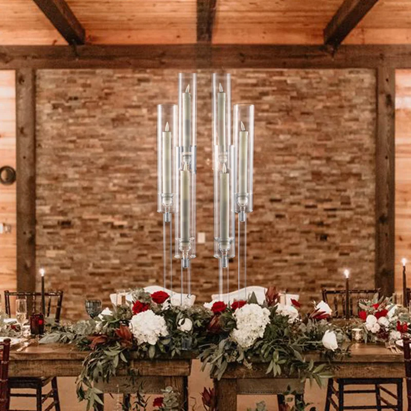 9 Head Tall Candelabra Acrylic Stick Pillar Candle Holder For Event Party Wedding Centerpieces Table Decorations