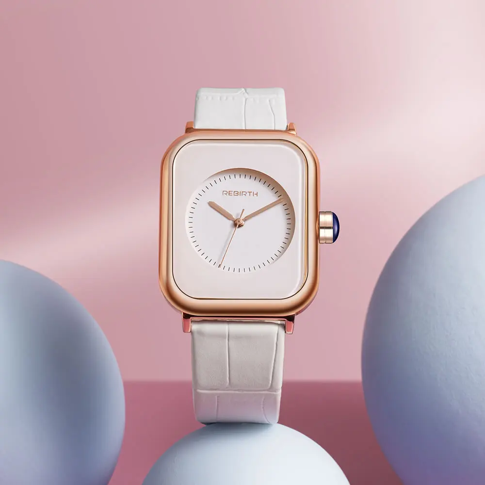 REBIRTH Women Square Quartz Watch Jelly Color Leather Band Fashion Fresh Ladies Wristwatch
