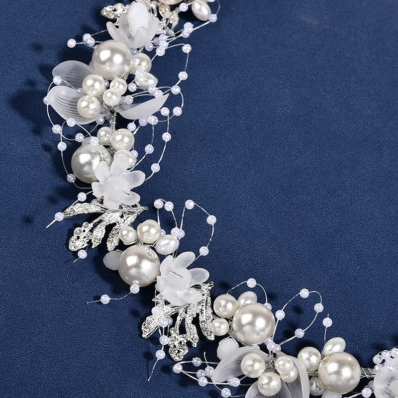 Pearly Flower Alloy Hair Band Necklace Jewelry Set Circle Beaded Jewelry Set With Earing Pearls Bride Hair Accessories Wedding