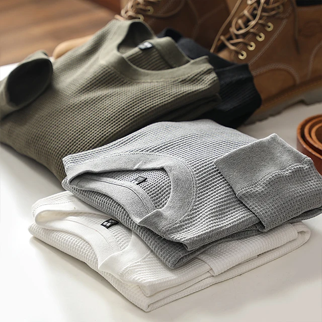 100% organic cotton blank knit waffle long sleeve t shirt