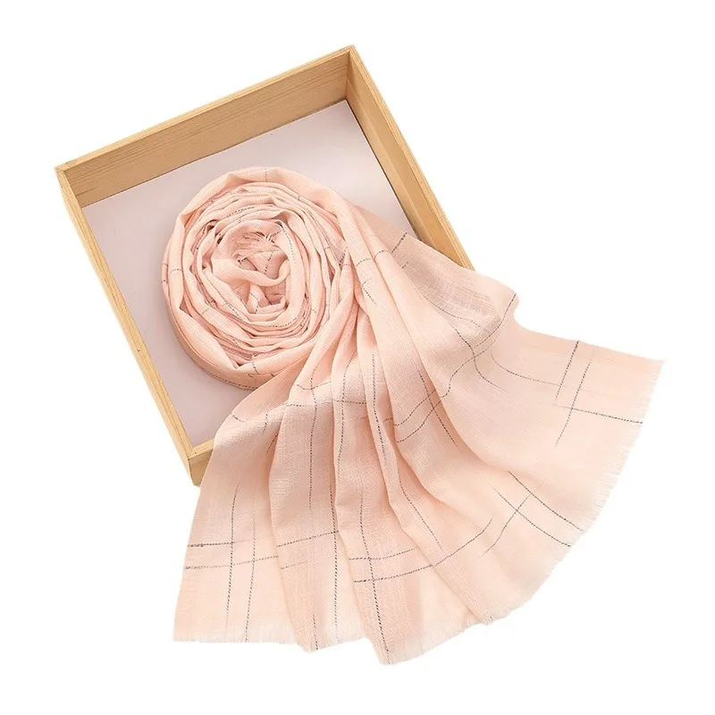 Autumn and Winter Must-Have Solid Color Minimalist Plaid Printed Long Scarf with Fur Whiskers Versatile and Breathable