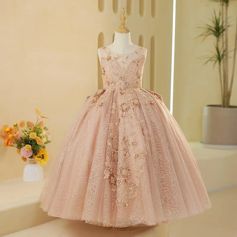 2023 Wholesale Pink Sleeveless Floor Length Tulle Lovely Princess Flower Girls Wedding Dress Kids Evening Party Clothes Gown