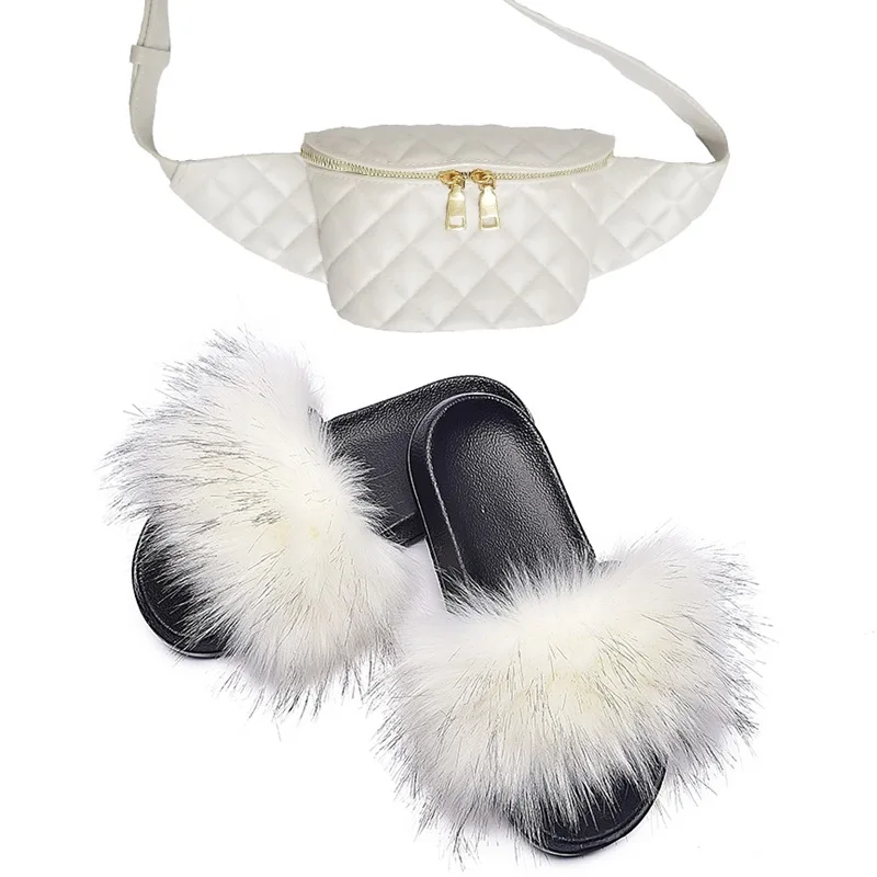 High quality white plain color faux fur furry fluffy slippers slides and fanny pack set for women