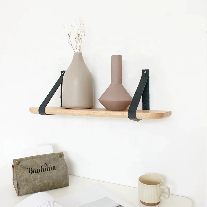 living room Wall Mounted Wooden Wall Hanging Wood Shelf floating Book Shelf with Leather Stra