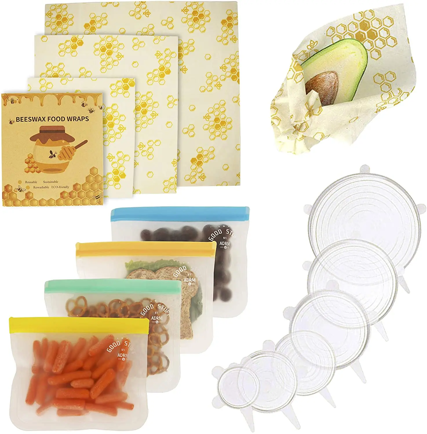 3 Beeswax Wraps + 4 Reusable Food Storage Bags + 6 Stronger Silicone Stretch Lids Nature Friendly Kitchen Set