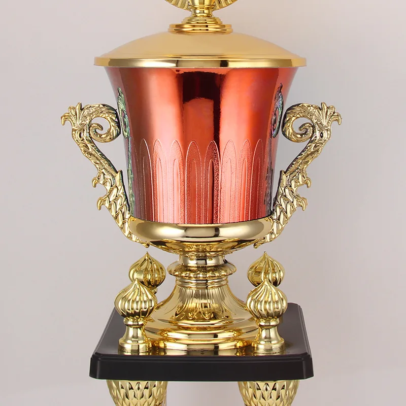 Antique Style Metal Color 4 Pillars Tower Big Trophy Iron Cup with UV Printing Plating Custom Engraving Souvenir Plaque Model