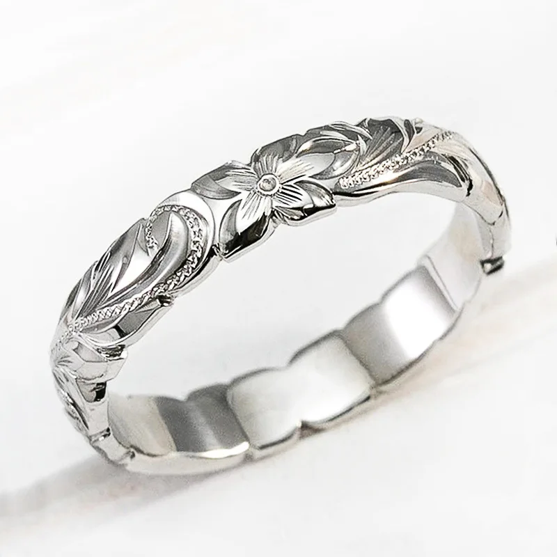 National Style Jewelry Retro Flower Carving Design Plain Fashion Two Colors Ring Lady Vintage Carved Flower Rings Women