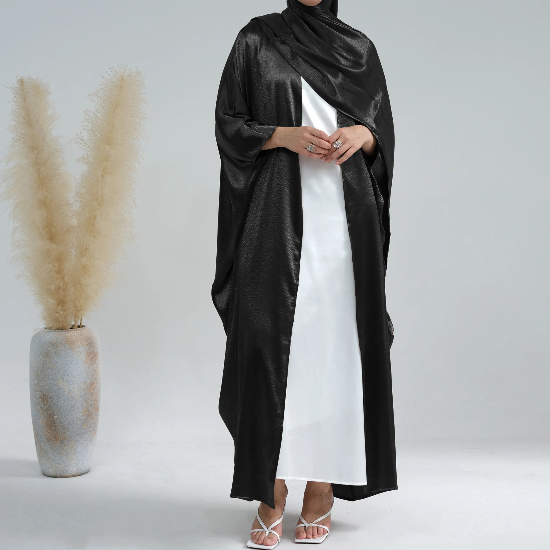 Loriya islamic clothing Women Cardigan Kimono Abaya Dubai Modest Dresses Hijab Dress 2pc set Butterfly Satin Front Open Abaya