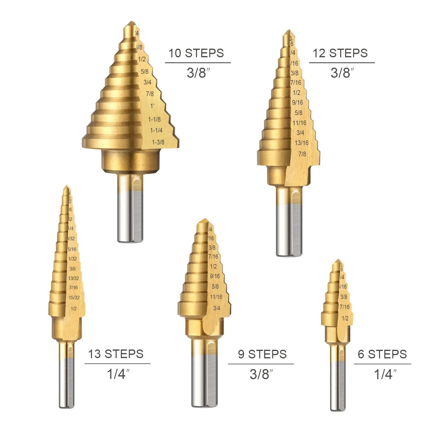 Titanium plated 6pc imperial pagoda drill step drill high speed steel drill bit reamer set