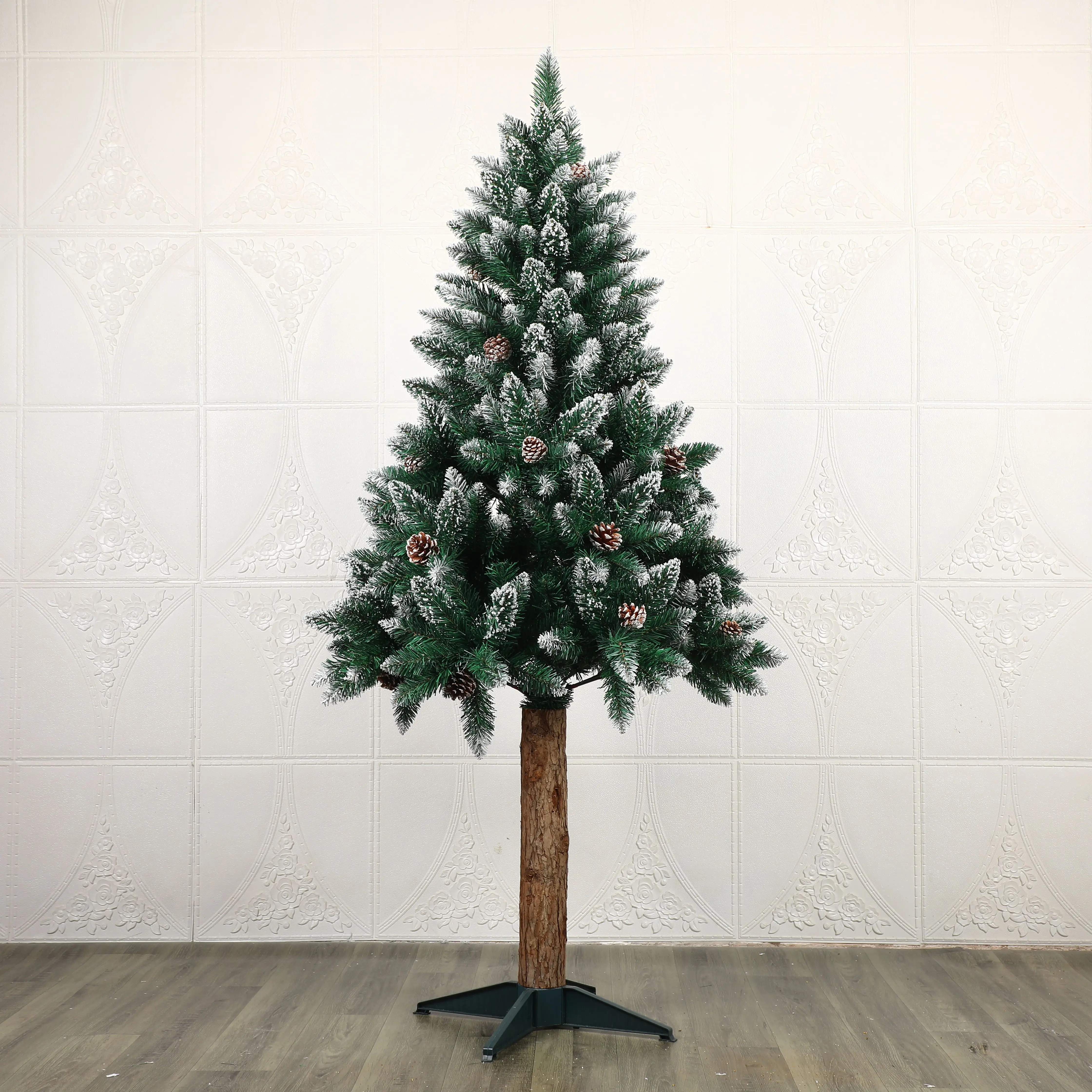 New Christmas tree green wooden pole tree stained with white PVC plus pine cone Christmas tree simulation trunk exquisite style