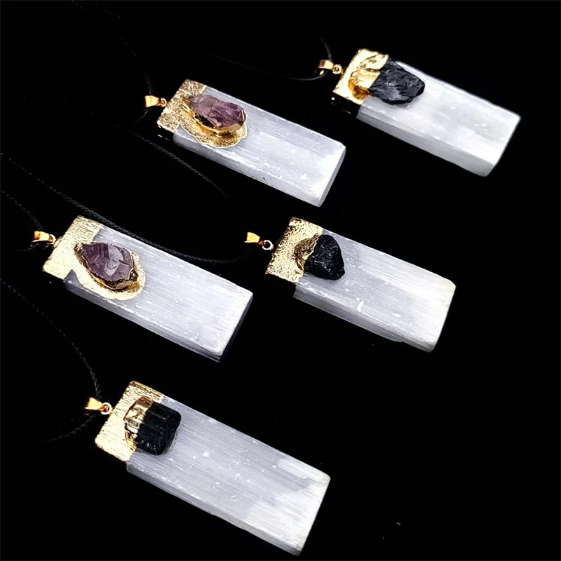 natural car pendant hanging moroccan selenite stick amethyst black tourmaline selenite charing plate wand stick pendant necklace