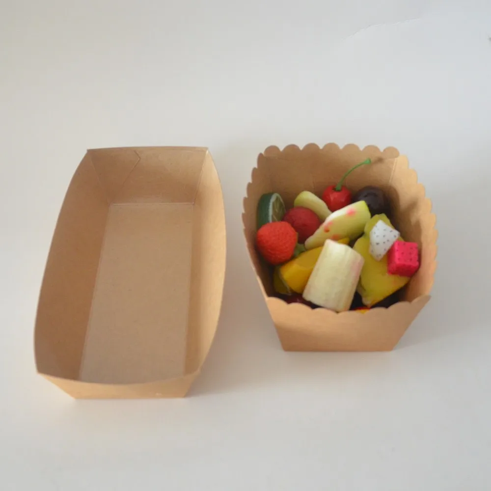 Custom Stackable Kraft Virgin Pulp Square Food Paper Tray Recycled Disposable Take Away Fast Food Snack Corn Dog Boat Tray