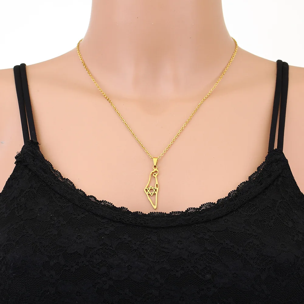 Stainless Steel Israel Map Pendant Necklace Hexagram Magen David Star of David Jewish Jewelry