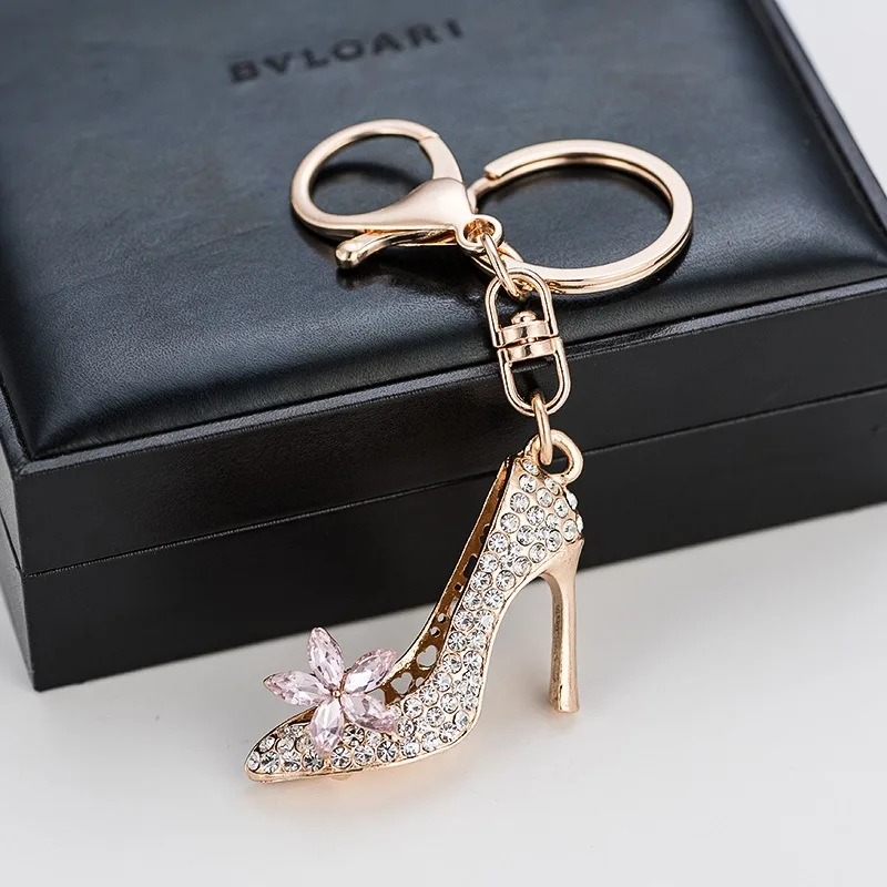 promotional cute kawaii accessories car metal  zinc alloy inlaid creative high heels crystal keychain key chains keychains