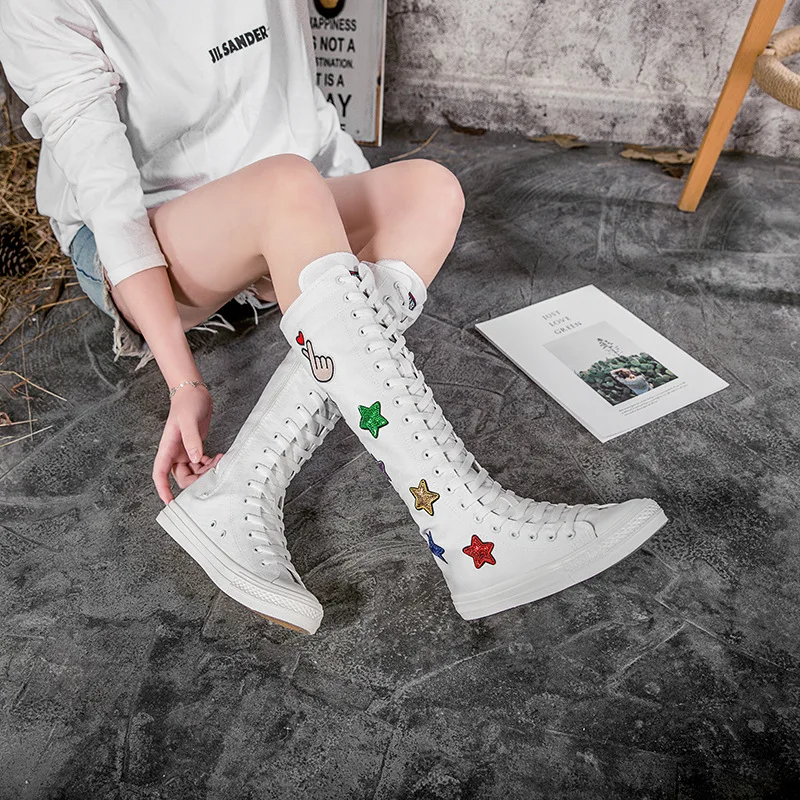 2020 осенние модные взрослые женские ковбойские белые парусиновые высокие сапоги до бедра на плоской подошве из коровьей кожи для девочек