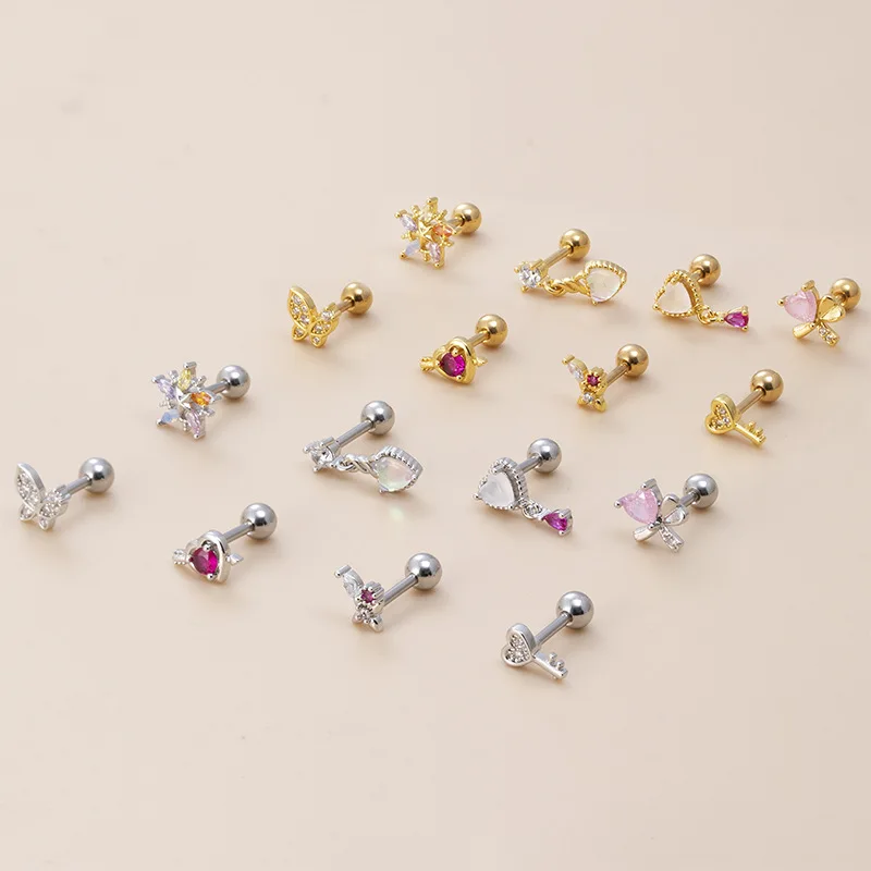 Fashion pink zircon love butterfly key flower ear bone nail double-head thread thick rod cartilage puncture ear studs 1piece
