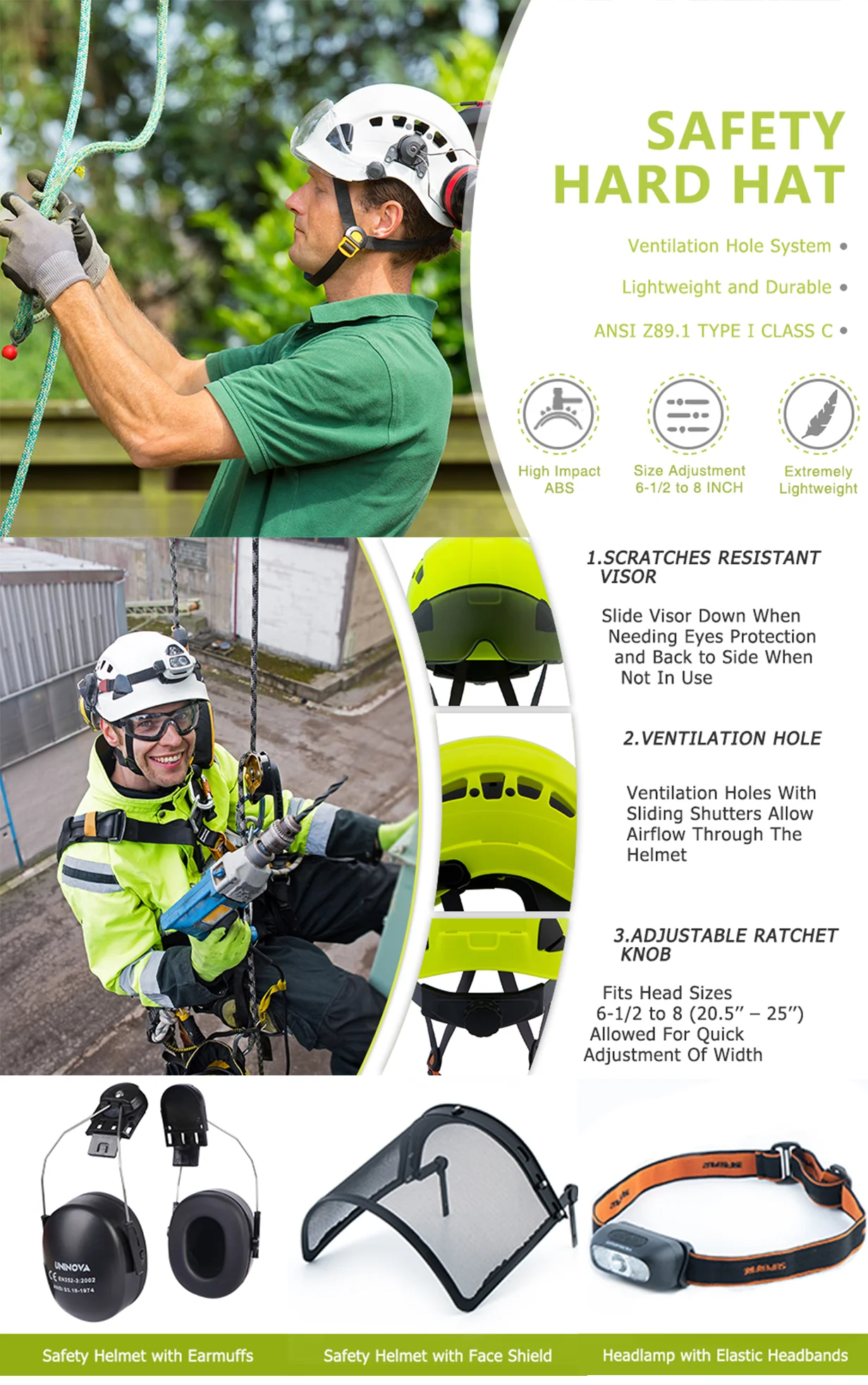 ANSI Z89.1 Certified 6-Point Suspension Safety Helmet Hard Hat with Visor Earmuffs