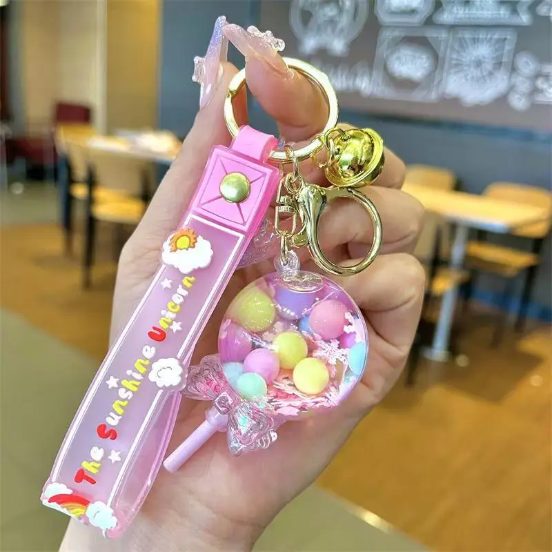 Kawaii Girl Women Keyring Holder Creative Floating Oil Acrylic Bagpack Pendant Car Key Ring Cute Liquid Lollipop Keychain