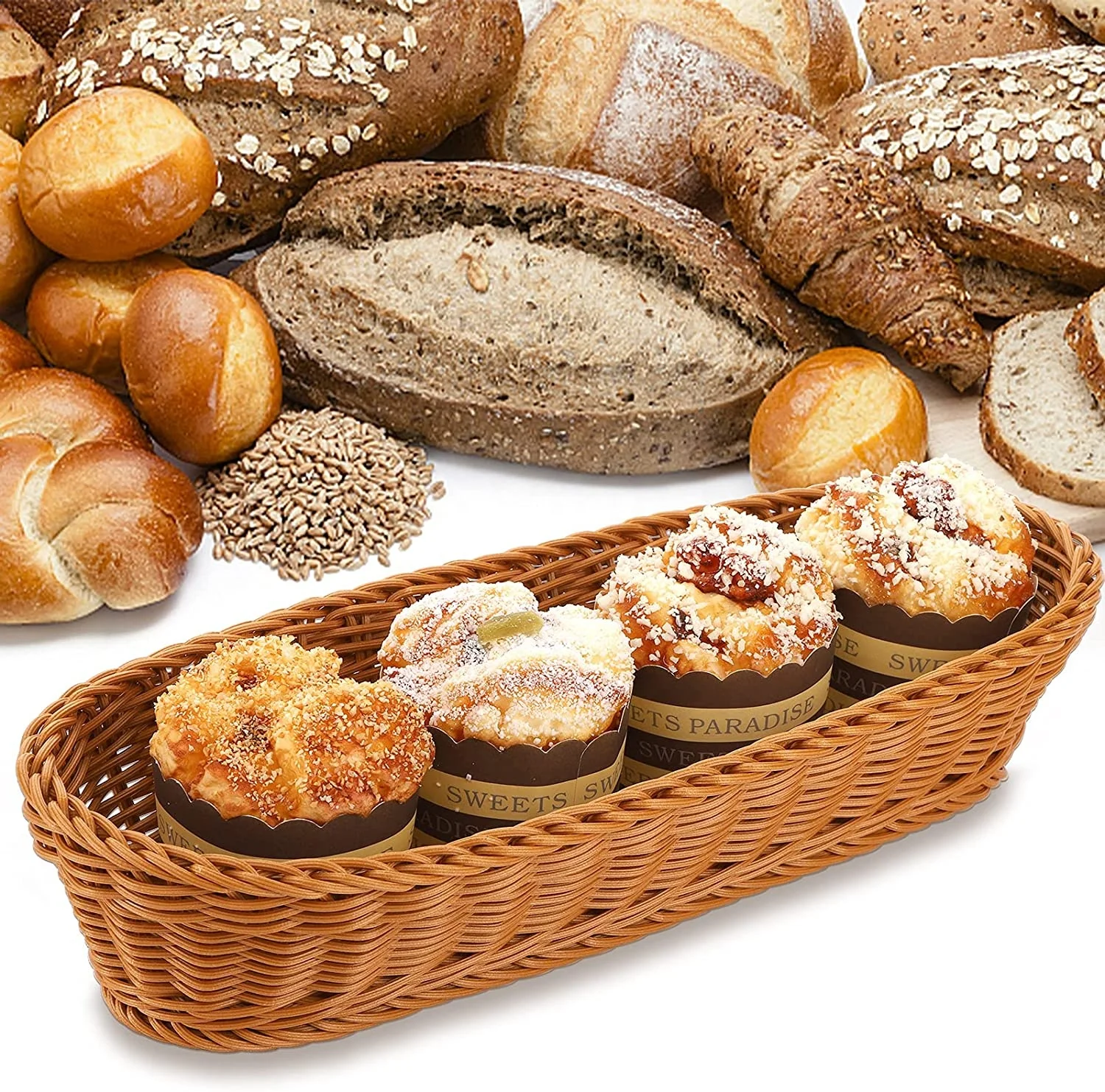 Wholesale Hand-woven Customs Supermarket Display Fruit and Vegetable Storage Display Square PP Plastic Rattan Basket Tray