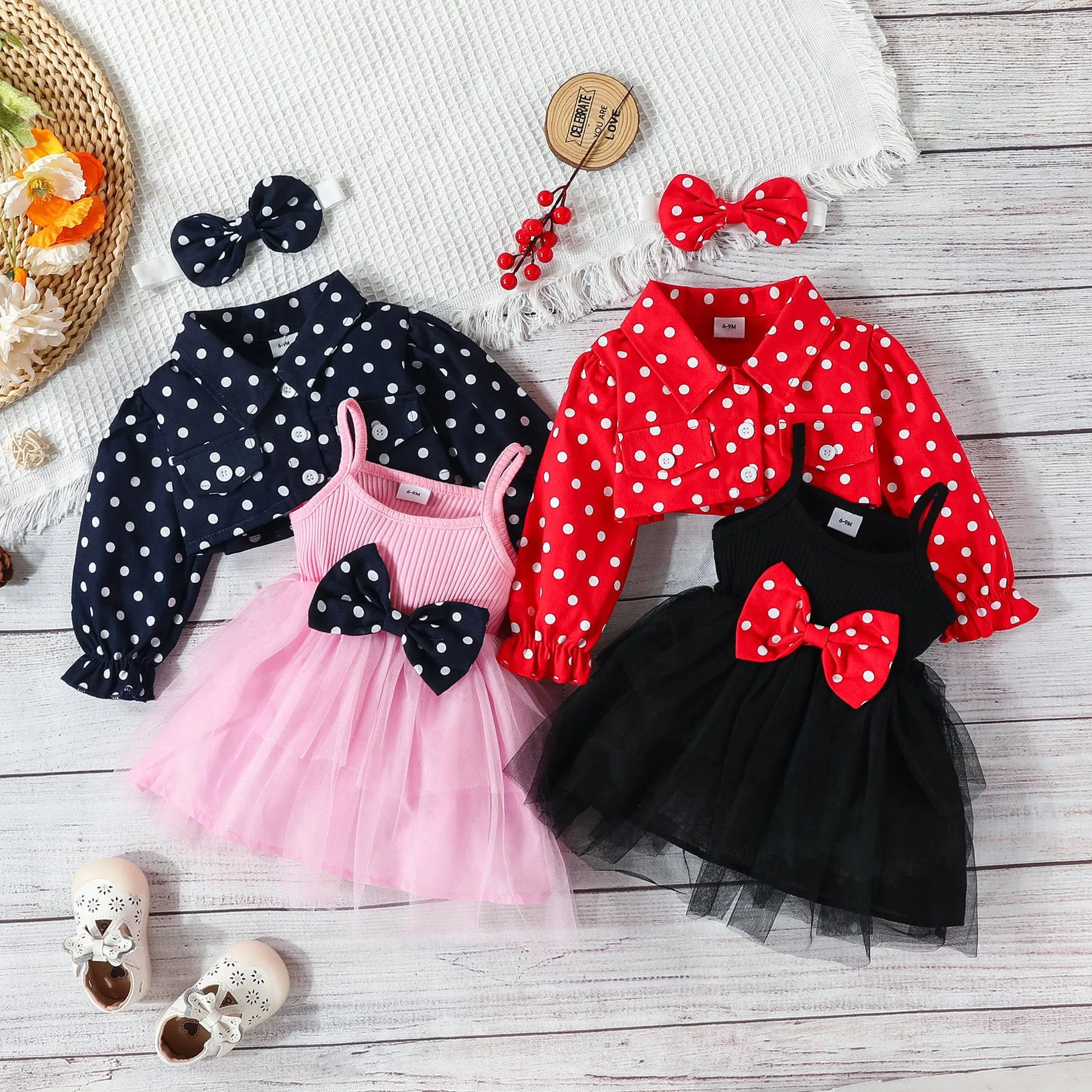 Ins European Style Polka Dot Lapel Single Breasted Long Sleeve Top With Halter Bow Skirt 3pcs Set Suit For Toddlers Girls