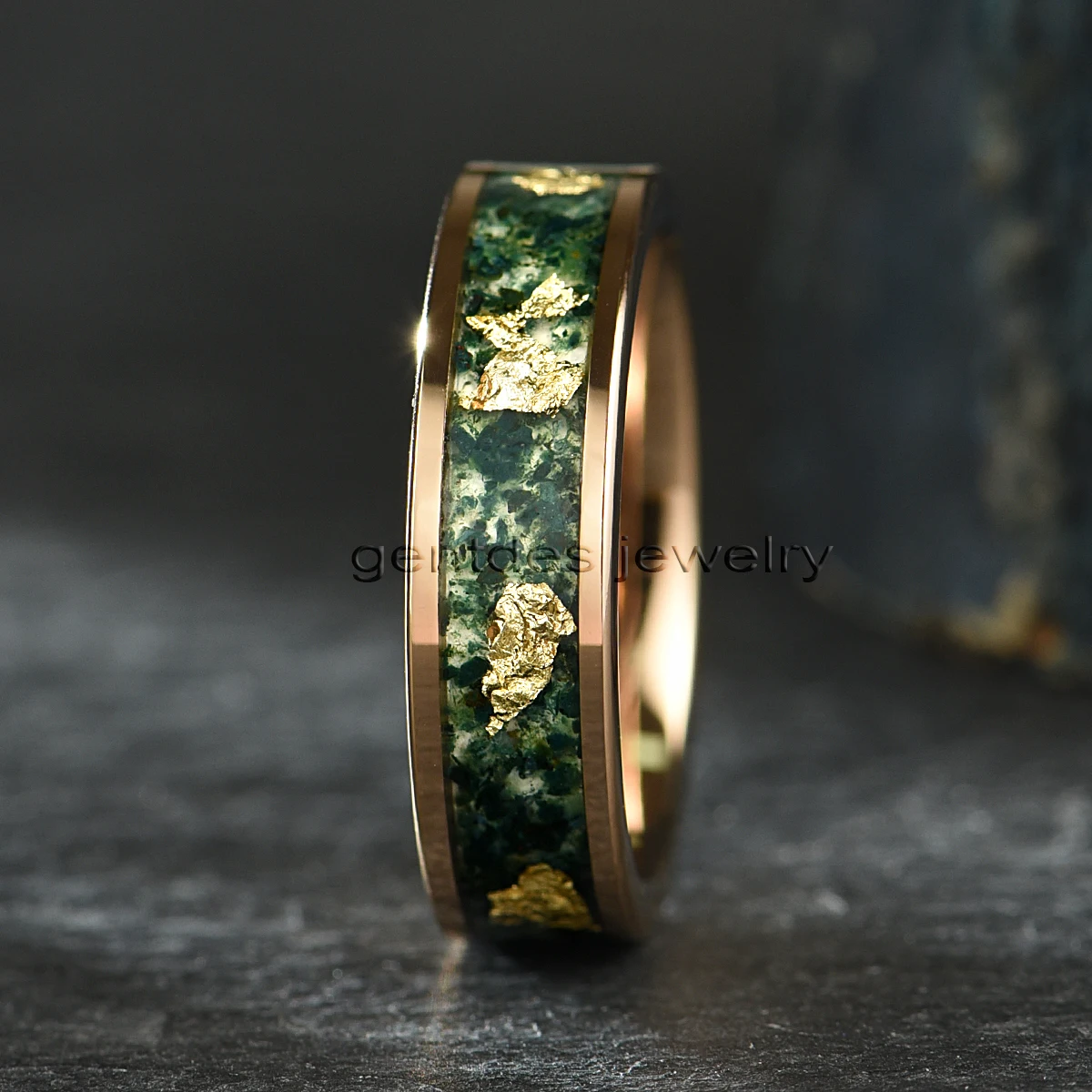 Gentdes Jewelry Custom Handmade Flat Rose Gold Tungsten Carbide Ring Inlay Moss Agate And Gold Foil Wedding Ring For Woman Lady