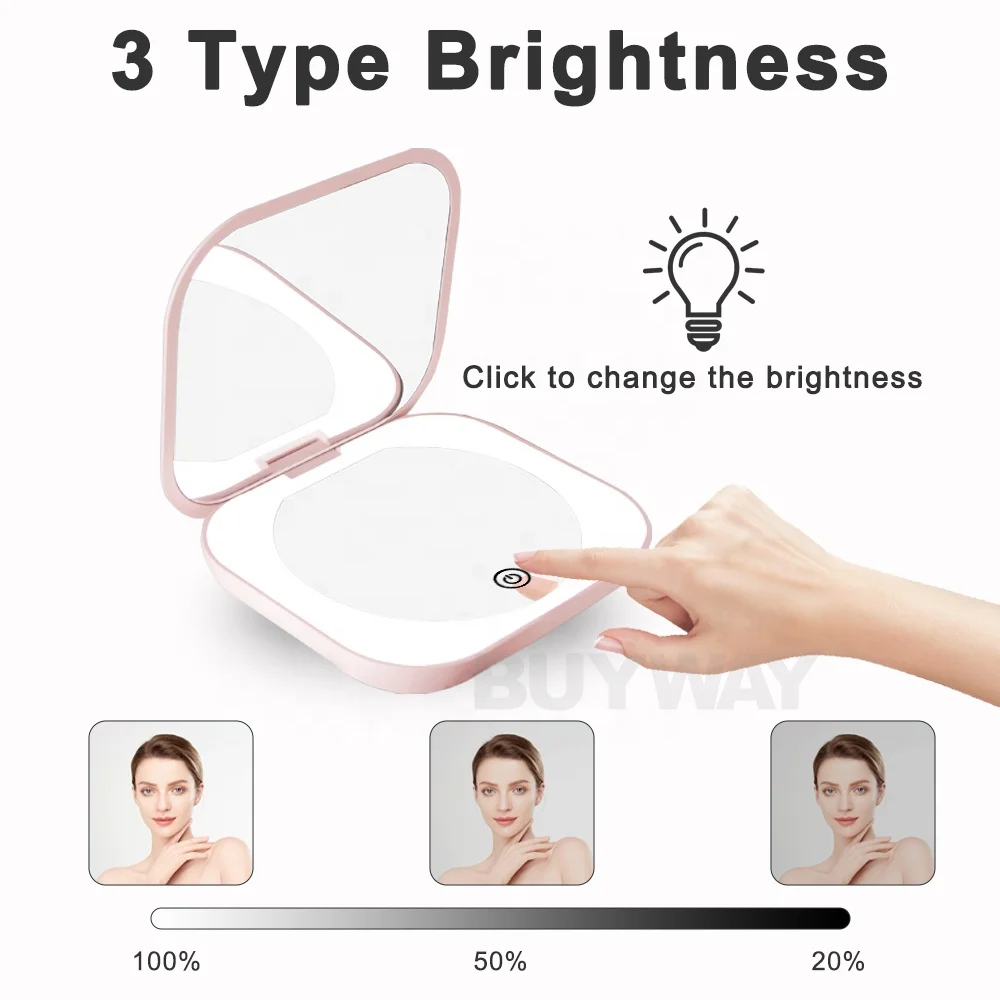 1x 10x Wholesale OEM Handheld Mirror Private Label Compact Pocket Mirror LED Lights Travel Small Portable Espejo Makeup Mirror