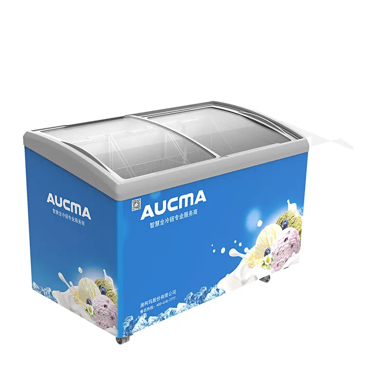Производитель, оптовая продажа, охлаждающий шкаф для мороженого, изогнутый раздвижной шкаф с закаленной стеклянной дверью
