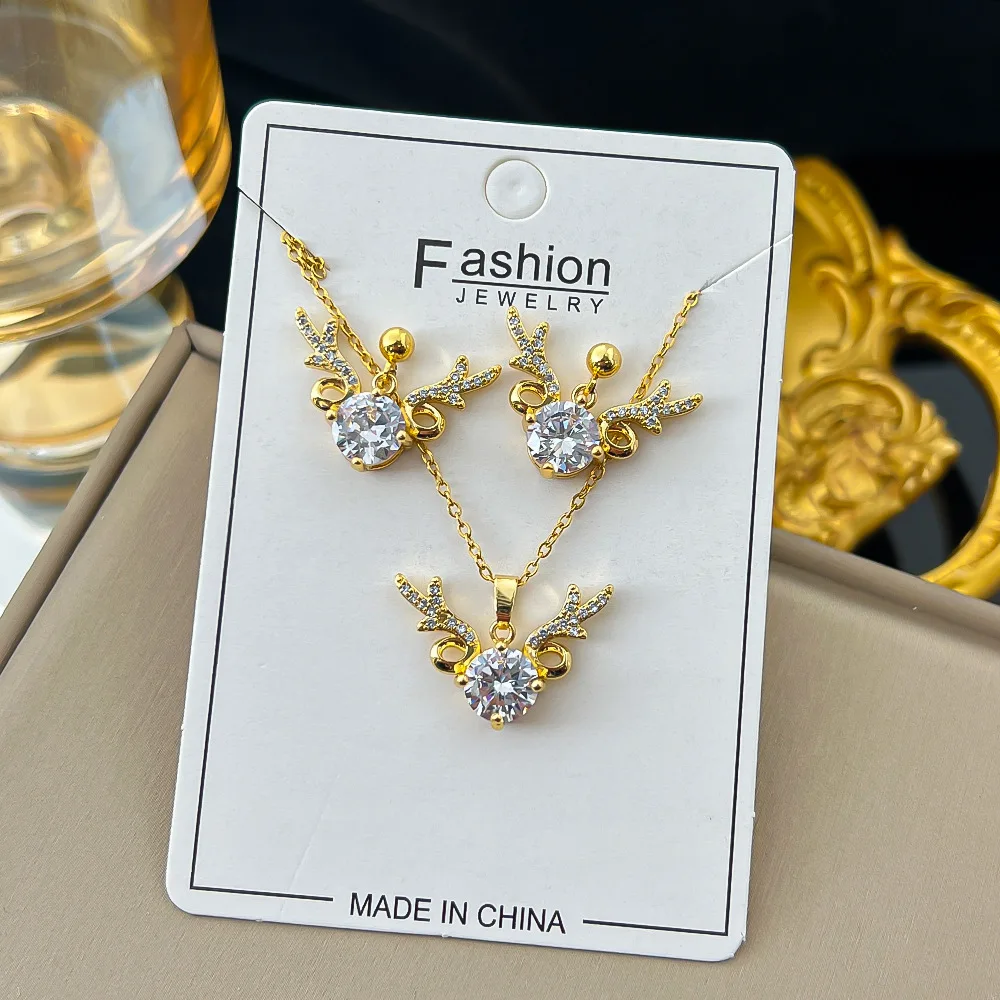 Unique Design Rhinestone Antler Pendant Necklaces Stainless Steel Jewelry Set Bling Diamond Earring Deer Necklace For Girlfriend