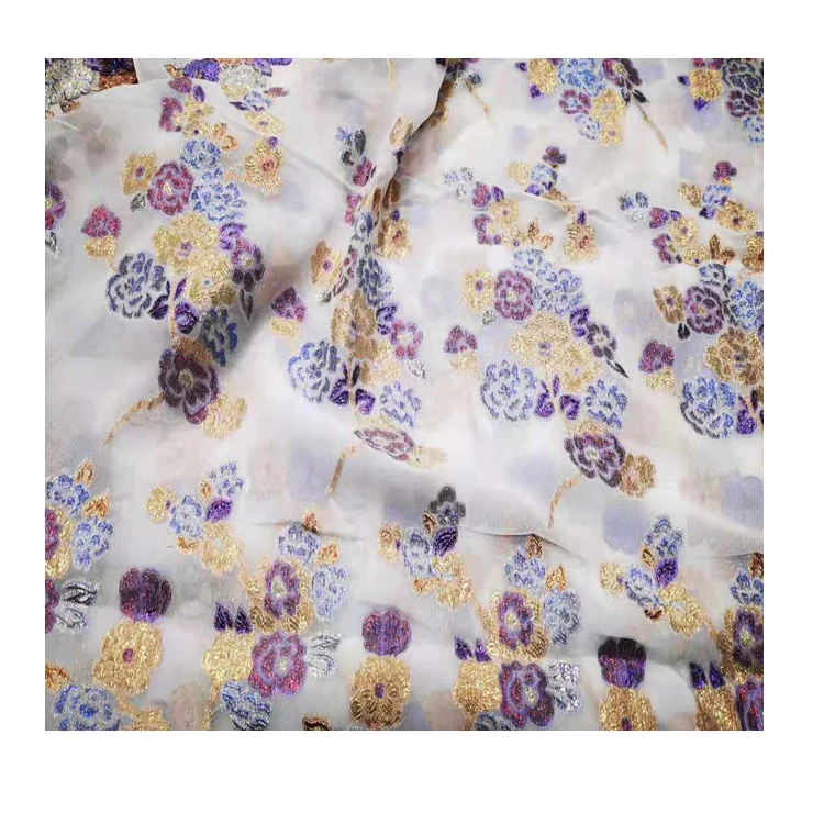 Hot Sale Custom Full Silk Color Gold Jacquard Chiffon Fabric for Woman Dress