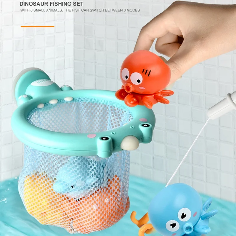 Summer fun kids dinosaur fishing net set bathtub pool fishing bath toy 3 in 1 baby bath time catch octopus shooting basket game