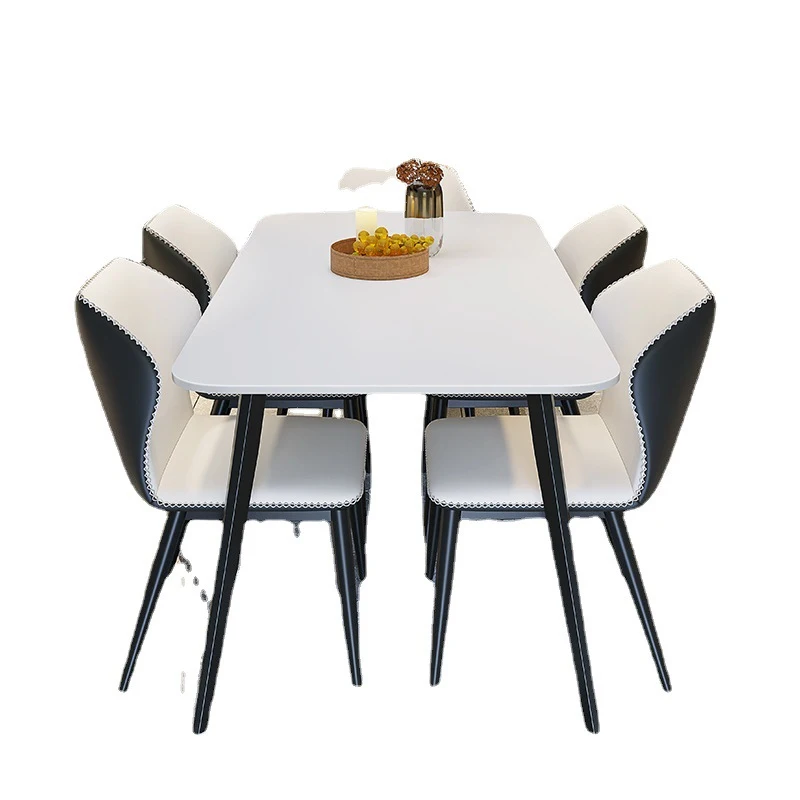 Italian modern simple carbon steel marble slab rectangular 4 6 8 seats dining room furniture table luxury leather chairs set