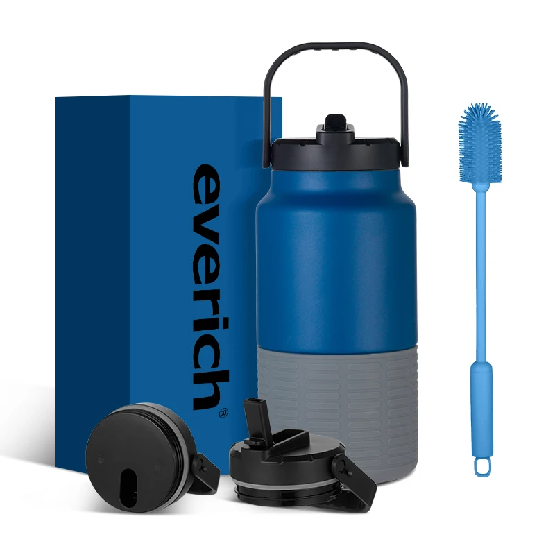 64oz Large Capacity Half Gallon Sealed Double Wall Stainless Steel Insulated Water Jug with Straw Lid and Silicone Sleeve