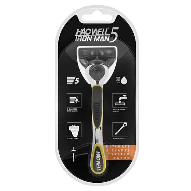 HAOWELL Low MOQ system five 5 blade shaving razor blade with metal handle OEM blister card packing