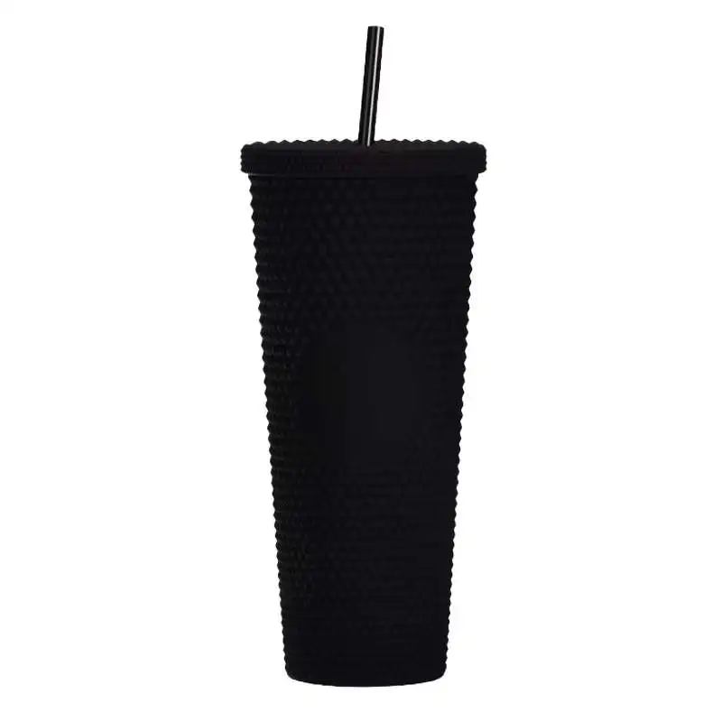 BPA Free Double Layer Cups Coffee Cup Plastic Diamond Tumbler Durian Cup With Straw And Lid