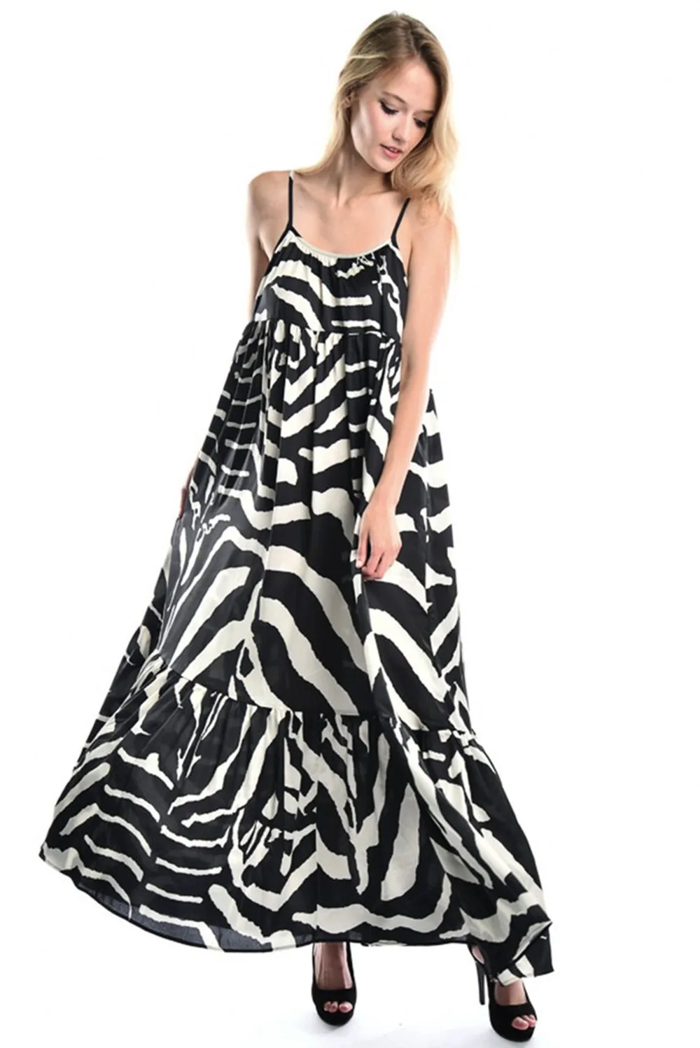 Luckyone Fashion Summer African Dresses Causal Long Floor Dresses Women Beach Dress Print Black and White Casual  Natural