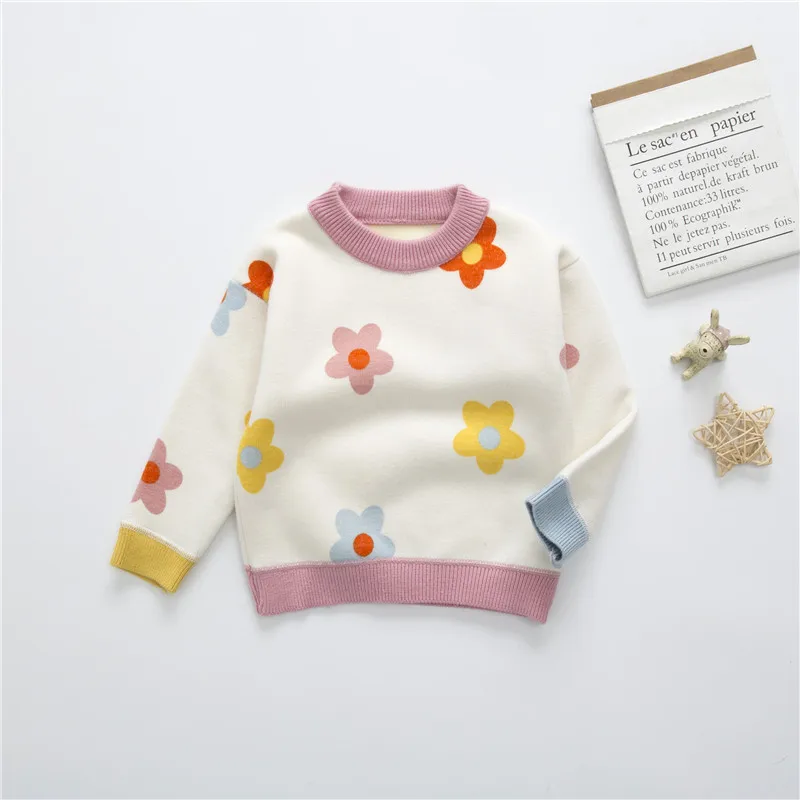 Autumn Winter Kids Velvet Sweater Girls Baby Flower Thicken Pullover Knit Bottoming Shirt Wechat Dropshipping