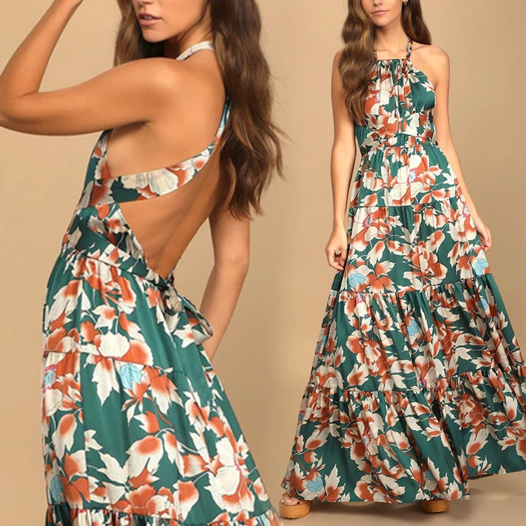 Elegant Hawaiian Spring Maxi Dress Women Custom Floral Printed Halter Bohemian Dress Summer Ruffle Evening Dress