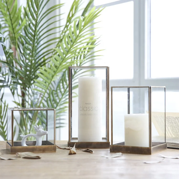 Bixuan Candle Lantern Clear Crystal Glass Bronze Brass Frame Hanging Hurricane Tea Light Holder Square Glass Display Boxes M