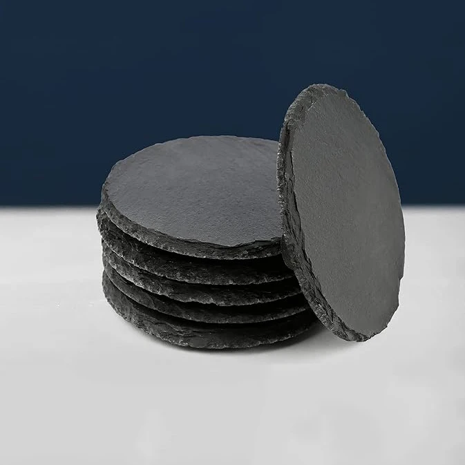 Custom 100% Natural round Slate Coaster Set with Bamboo Holder Bulk Wholesale Drinking Mats & Pads