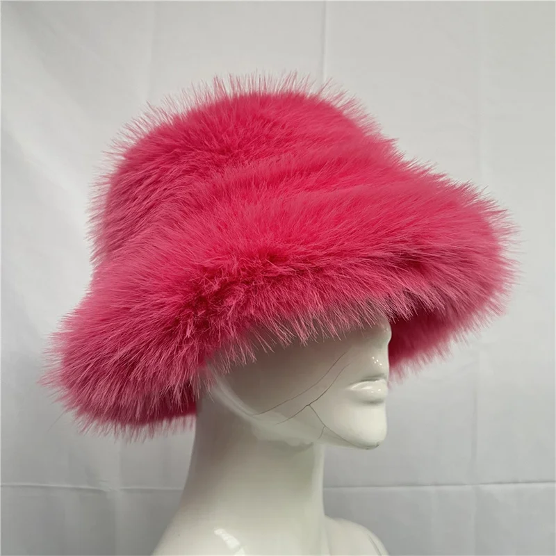Hign Quality Fuzzy fur Winter Warm Flat Top Camouflage Print Faux Rabbit Fur Fuzzy Bucket Hat For Women