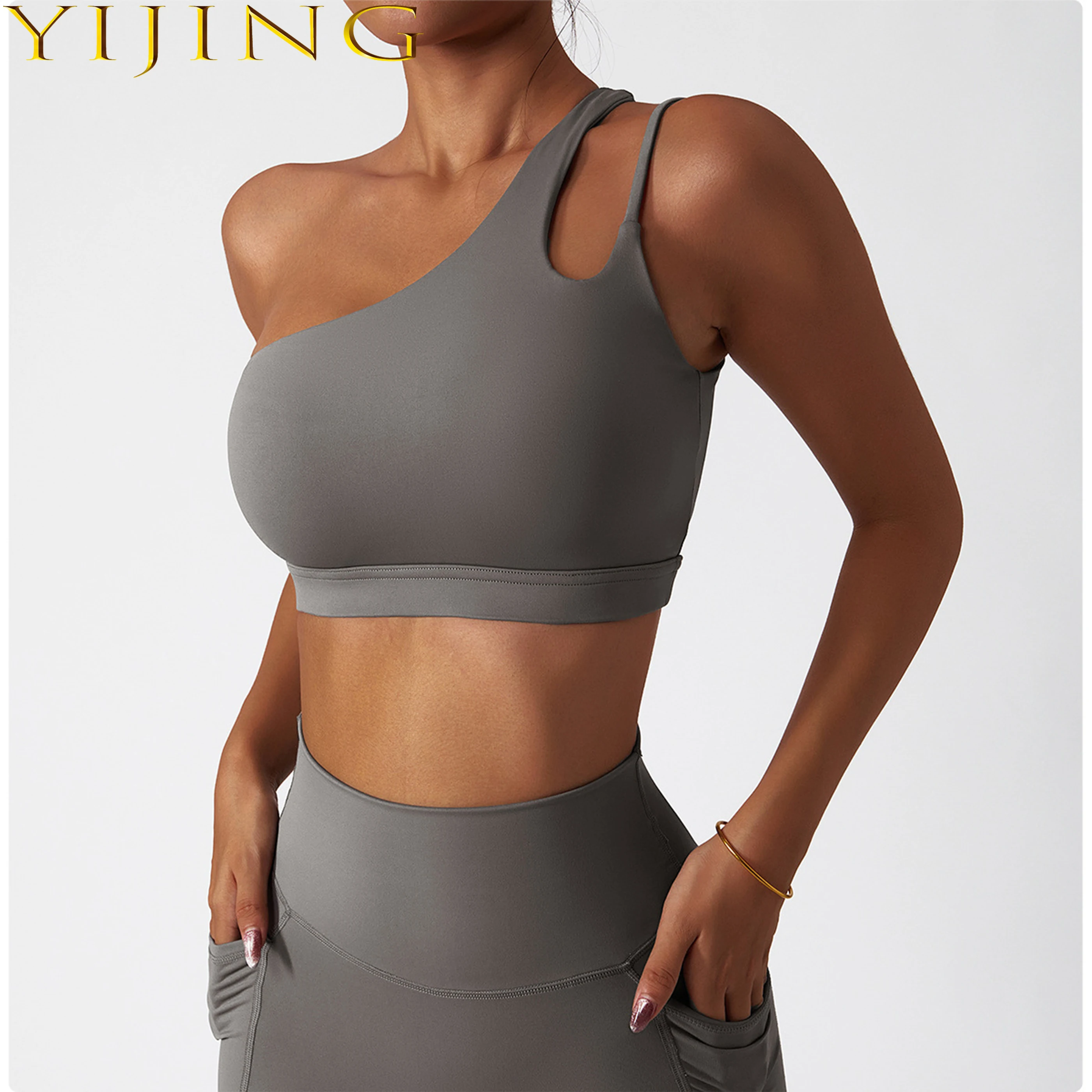 High Quality Designer Custom Nylon Spandex Fitness Yoga Wear Gym Workout One-Shoulder Sports Bra For Women