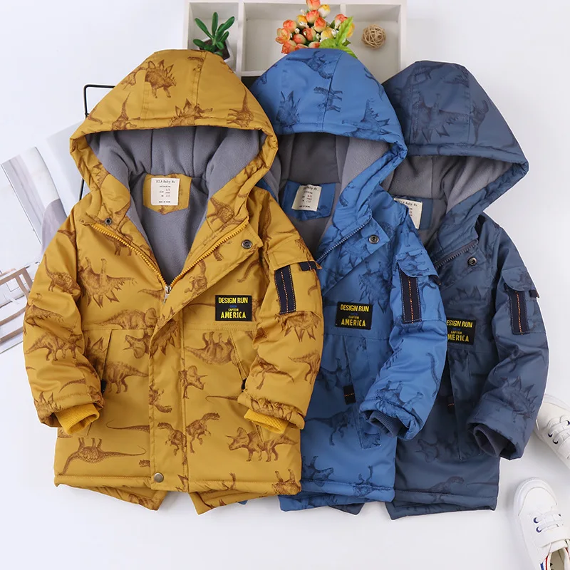 Children Clothing Winter Kids Coats Outwear Parka Dinosaur Printed Thick Boys Fleece Jackets