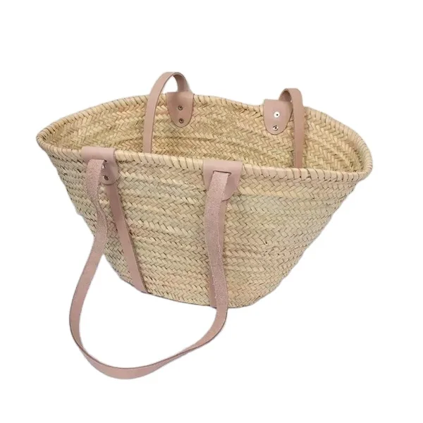 Professional Manufacturer Supply Handwoven Straw Tote Bag French Shopping Basket With Leather Handles